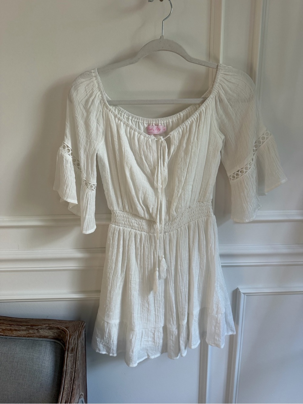 Pink Lily White Mini Dress with Tassel Tie